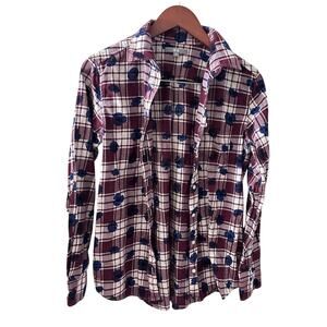 Uniqlo Burgandy Plaid Button Up Plaid Long Sleeve Shirt Women's Size Medium